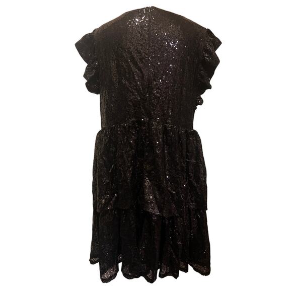 Black Sparkly Sequin V-neck Ruffle Sleeve Tiered Dress Size 4XL - Picture 3 of 12